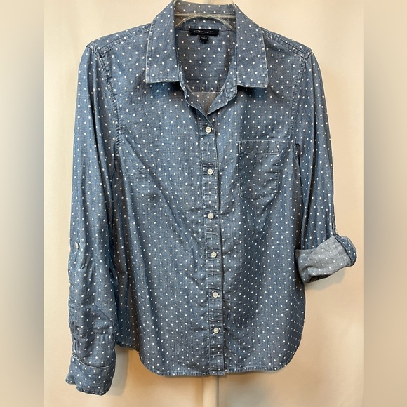 Tommy Hilfiger Blue Long Sleeve Button Down Shirt with Polkadots Size Medium - Picture 5 of 7